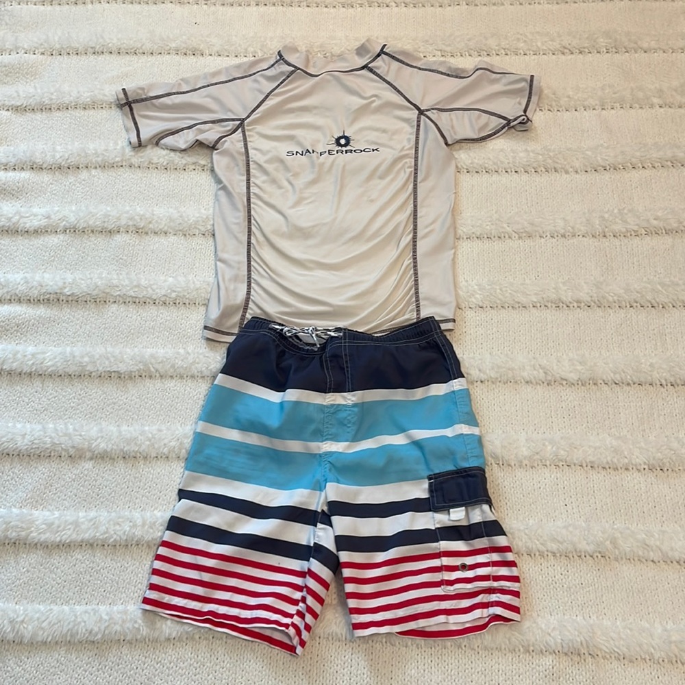Snapper rock swim trunks & rash guard SPF UV protection, red white blue size 10